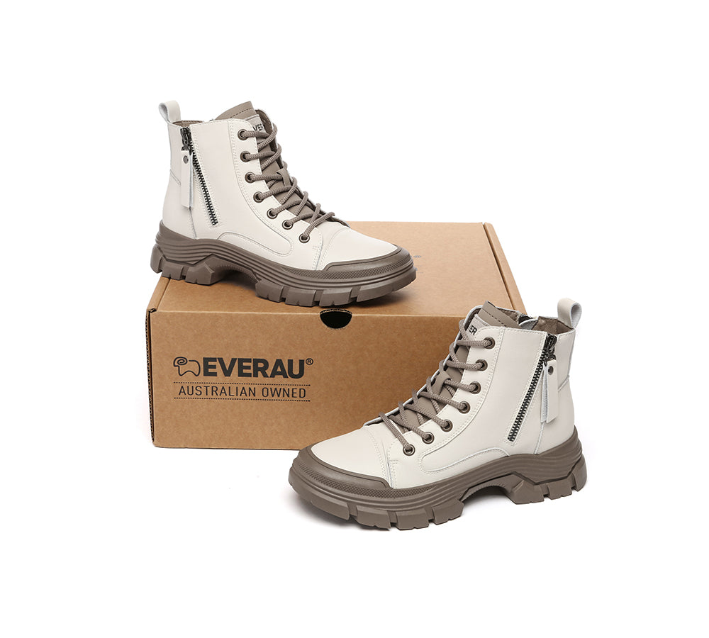 Women Leather Lace Up Zipper Chunky Boots Lorrin