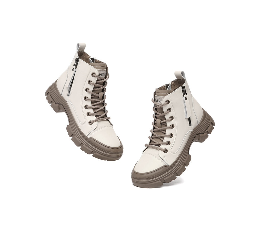 Women Leather Lace Up Zipper Chunky Boots Lorrin