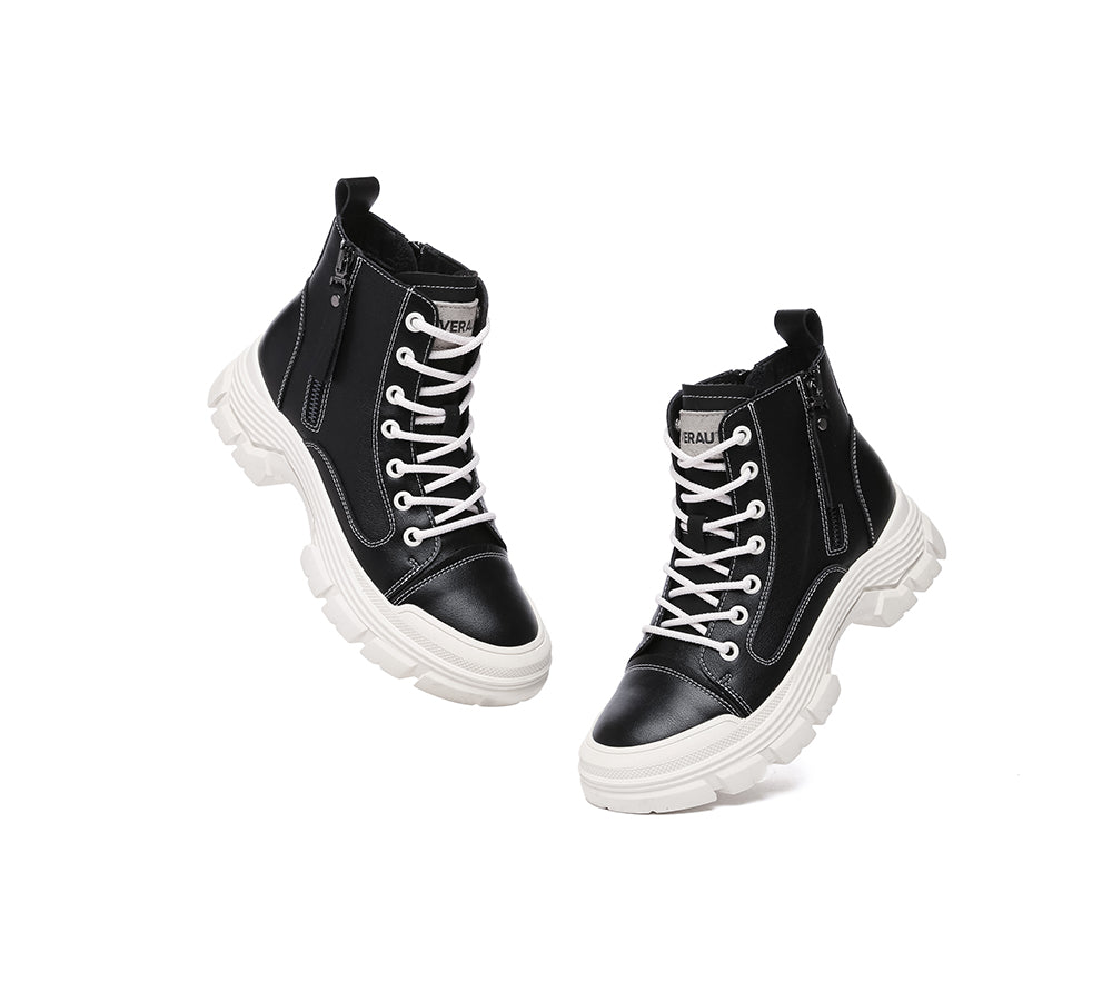 Women Leather Lace Up Zipper Chunky Boots Lorrin