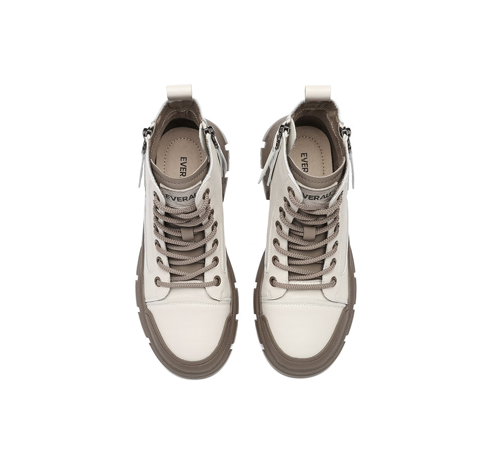 Women Leather Lace Up Zipper Chunky Boots Lorrin