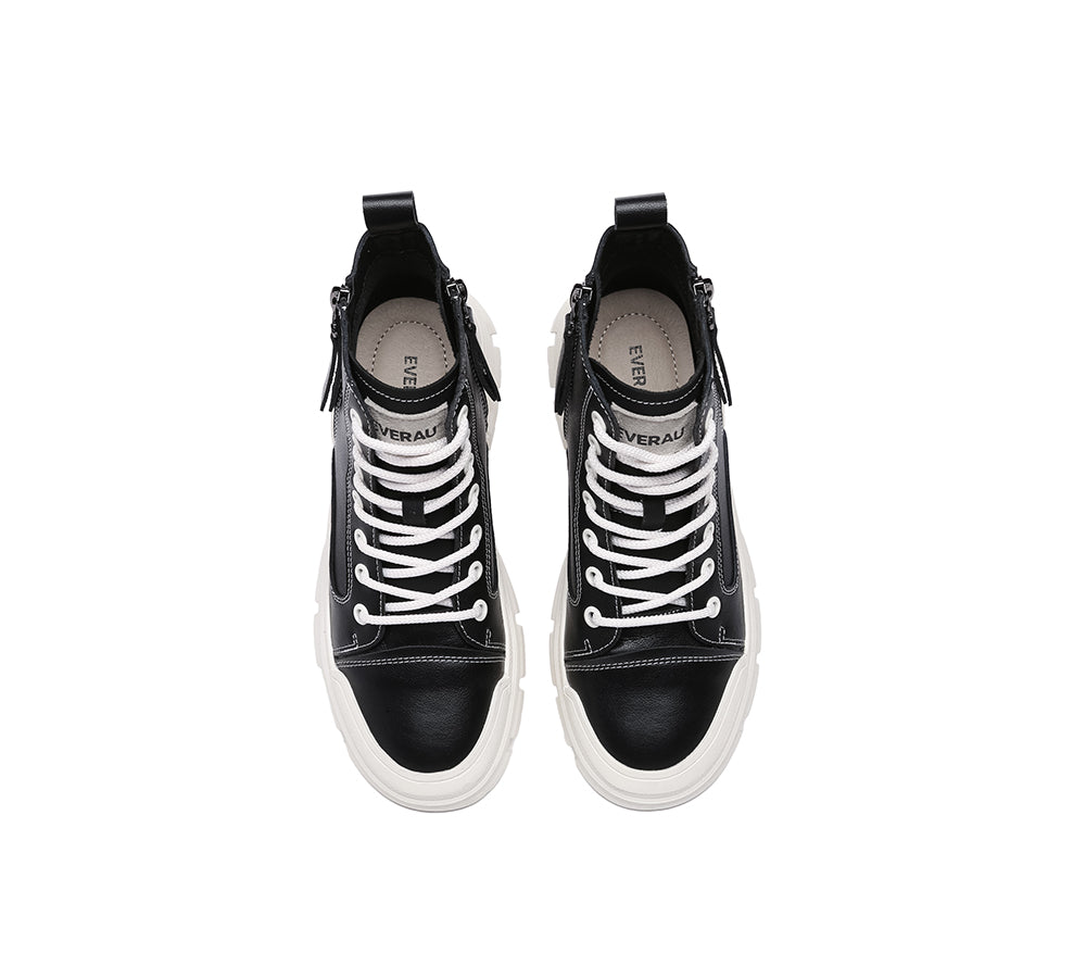 Women Leather Lace Up Zipper Chunky Boots Lorrin