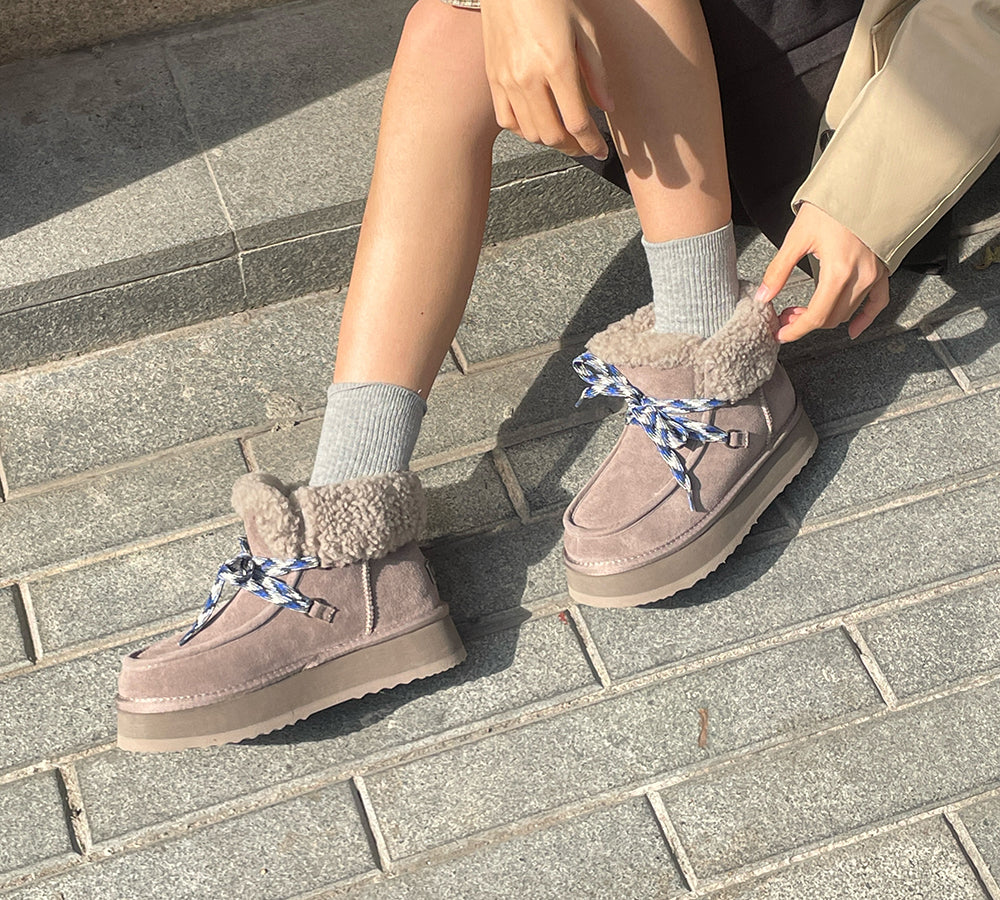 UGG Boots Women Sheepskin Wool Lace Up Ankle Platform Honour