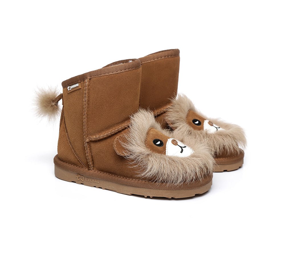 EVERAU® Kids Sheepskin Boots Lion - UGG Boots - Chestnut - AU Kids 6-7 / EU 25 - Uggoutlet