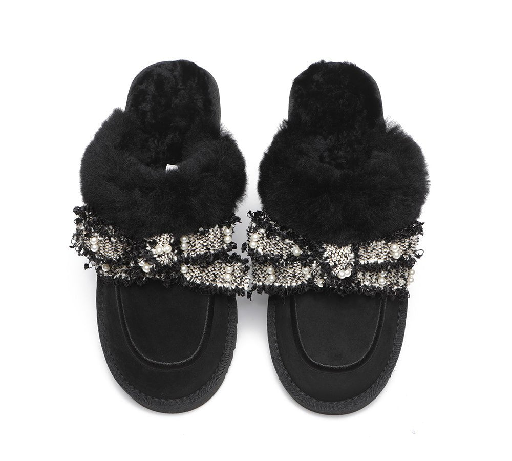 EVERAU® Premium Sheepskin Bow Slipper Women Barbra - UGG Slippers - Black - AU Ladies 4 / AU Men 2 / EU 35 - Uggoutlet