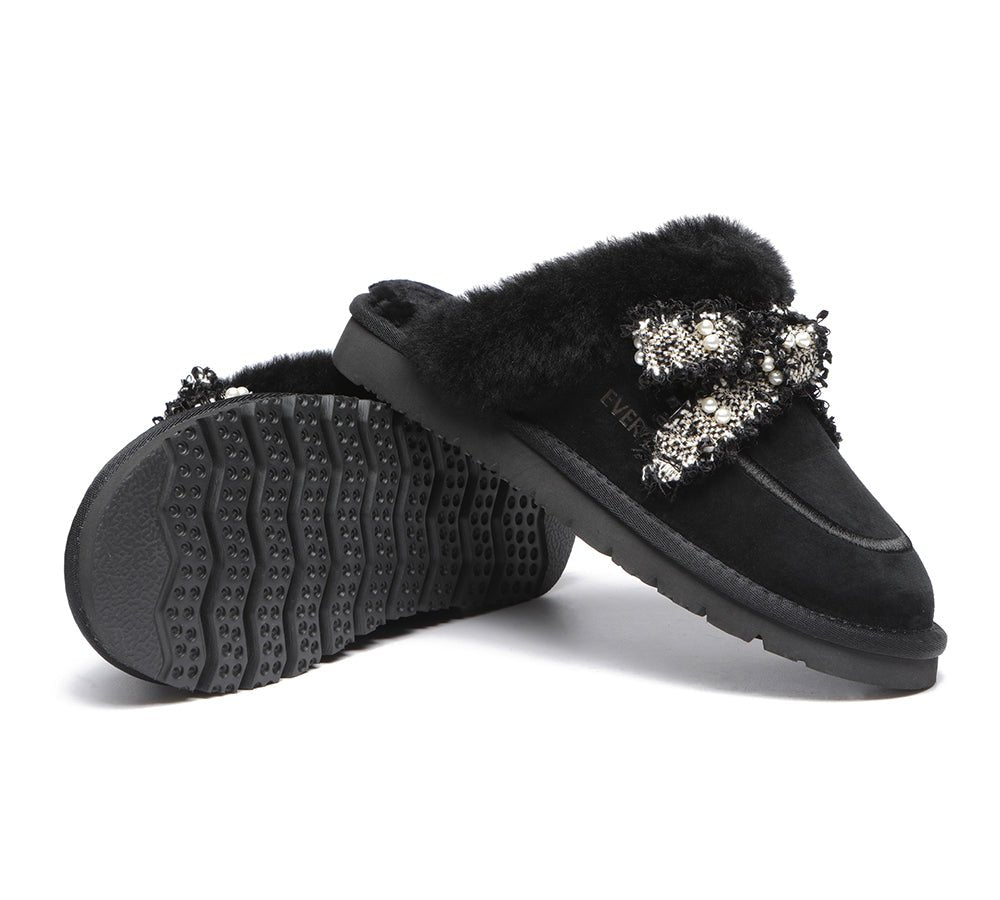 EVERAU® Premium Sheepskin Bow Slipper Women Barbra - UGG Slippers - Black - AU Ladies 4 / AU Men 2 / EU 35 - Uggoutlet