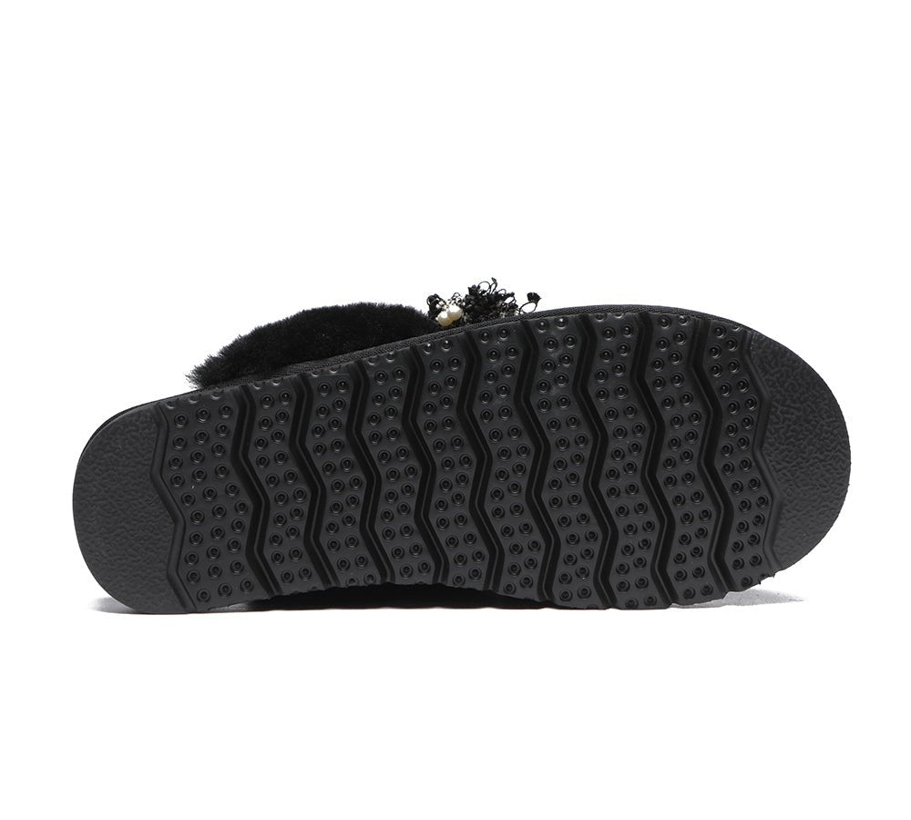 EVERAU® Premium Sheepskin Bow Slipper Women Barbra - UGG Slippers - Black - AU Ladies 4 / AU Men 2 / EU 35 - Uggoutlet