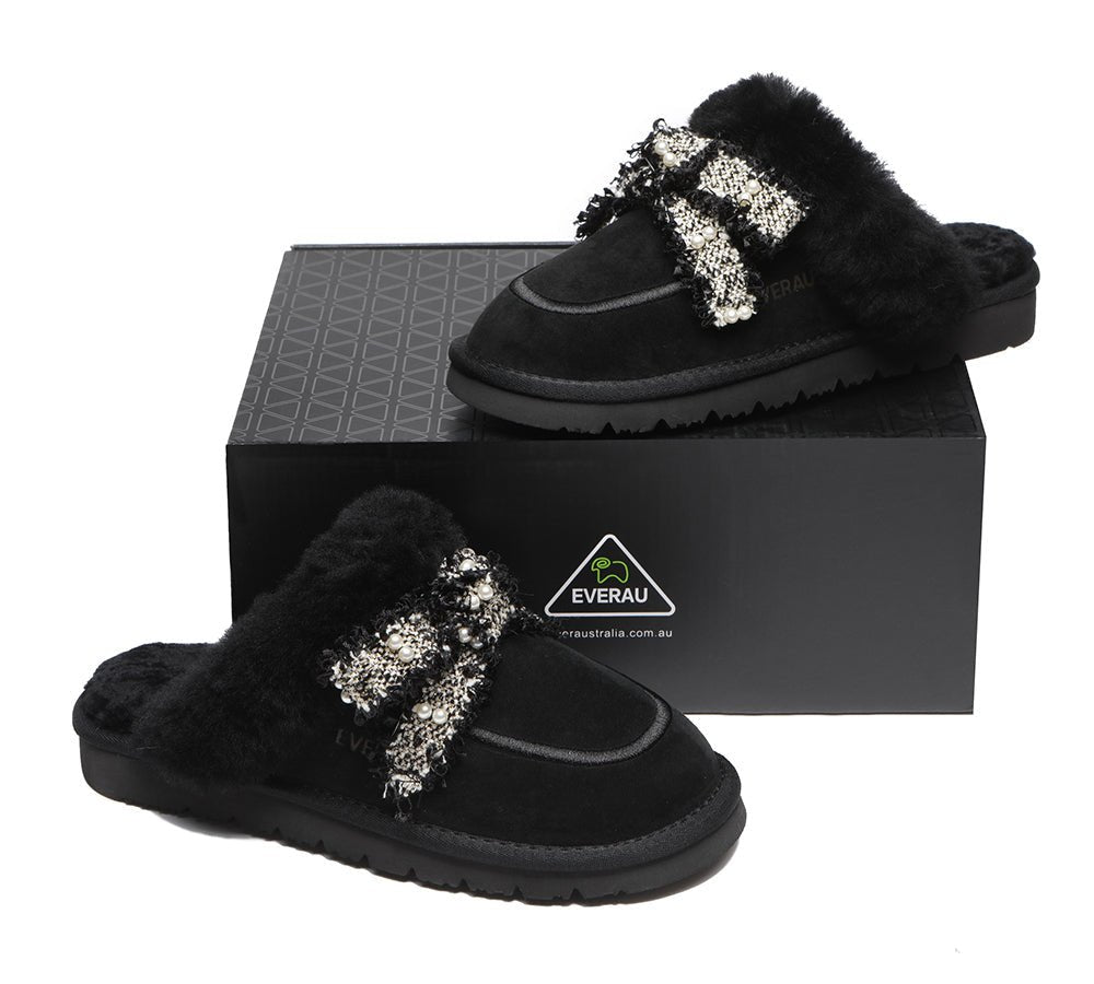 EVERAU® Premium Sheepskin Bow Slipper Women Barbra - UGG Slippers - Black - AU Ladies 4 / AU Men 2 / EU 35 - Uggoutlet