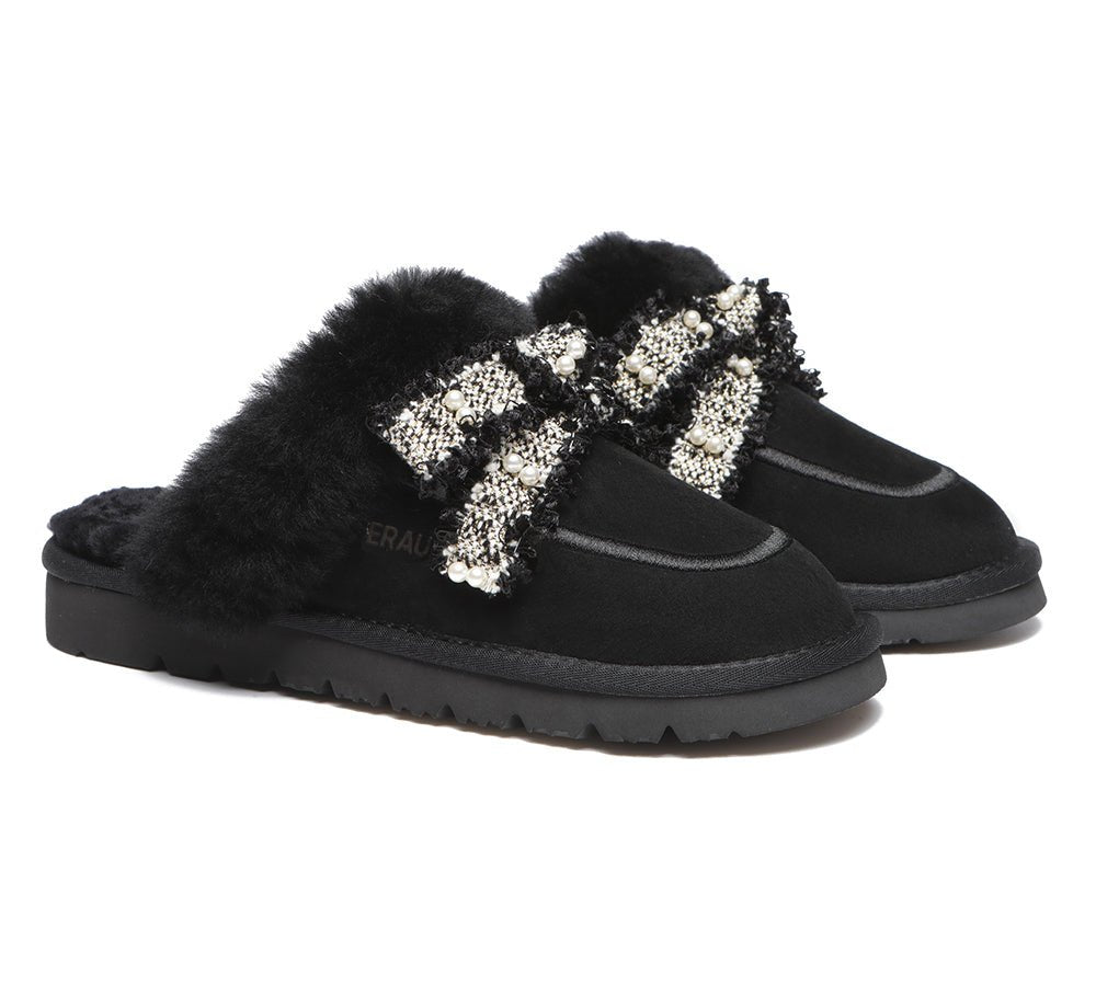 EVERAU® Premium Sheepskin Bow Slipper Women Barbra - UGG Slippers - Black - AU Ladies 4 / AU Men 2 / EU 35 - Uggoutlet