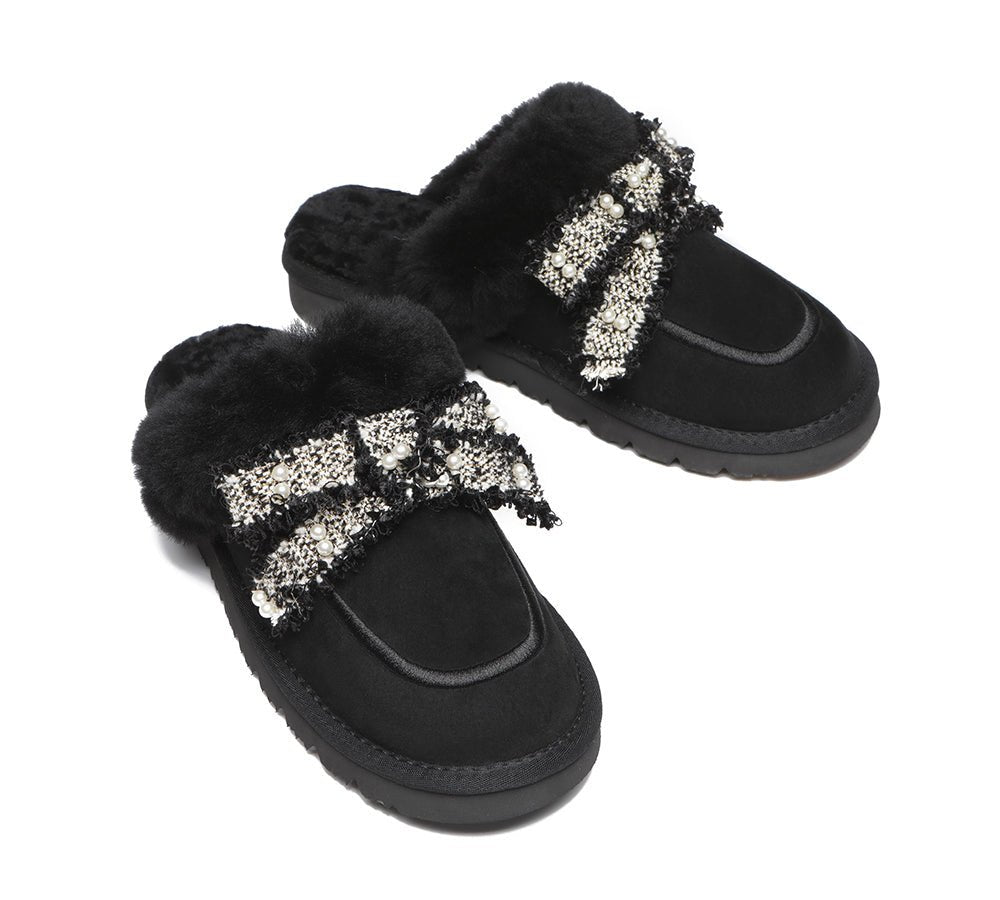 EVERAU® Premium Sheepskin Bow Slipper Women Barbra - UGG Slippers - Black - AU Ladies 4 / AU Men 2 / EU 35 - Uggoutlet