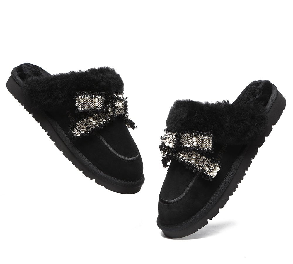 EVERAU® Premium Sheepskin Bow Slipper Women Barbra - UGG Slippers - Black - AU Ladies 4 / AU Men 2 / EU 35 - Uggoutlet