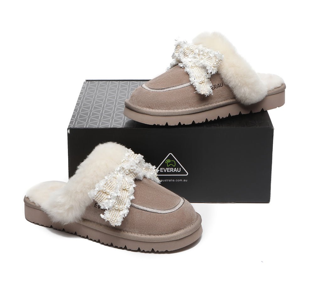 EVERAU® Premium Sheepskin Bow Slipper Women Barbra - UGG Slippers - Brown - AU Ladies 4 / AU Men 2 / EU 35 - Uggoutlet