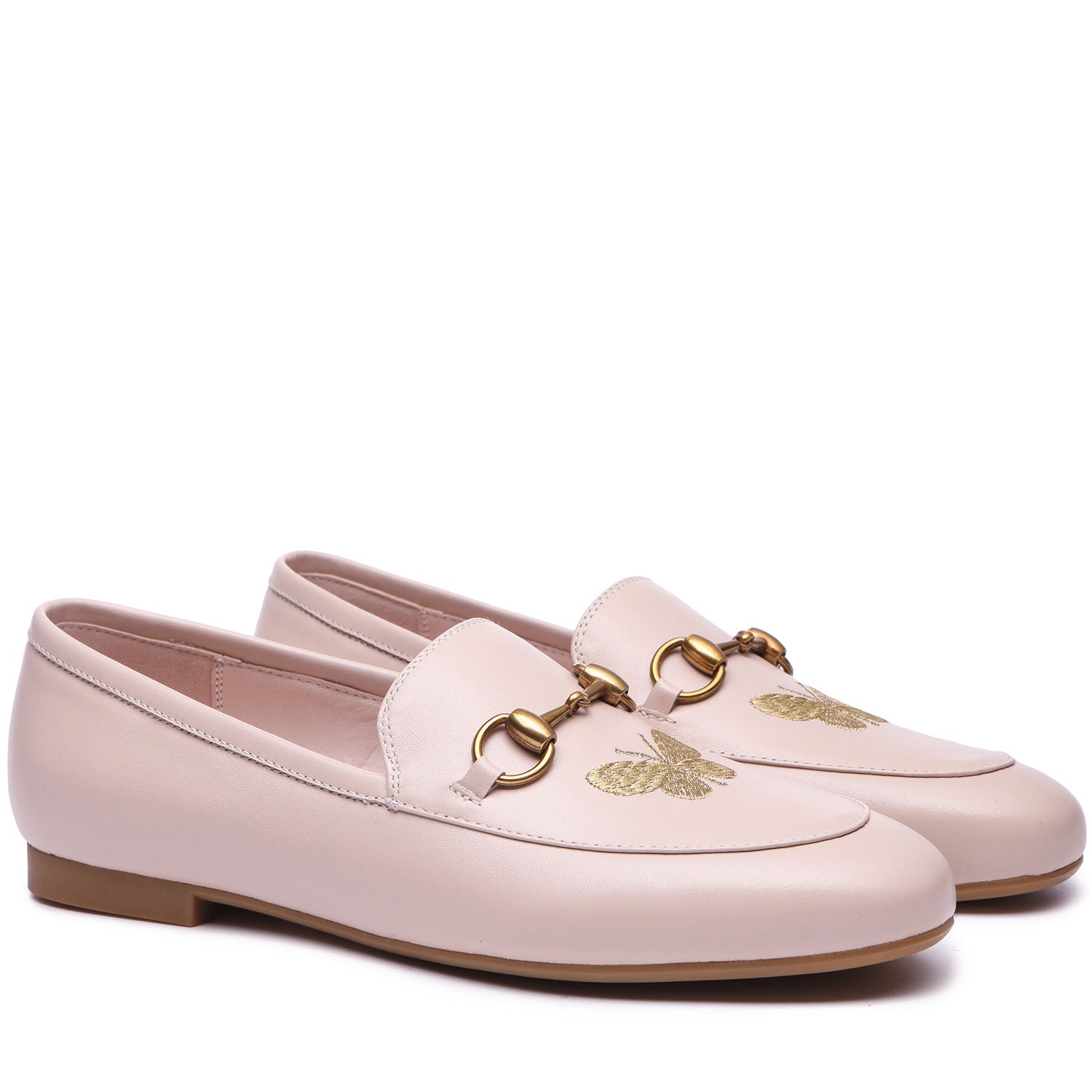 Flats - Everau Pink Loafer With Metal Buckle And Butterfly Embroidery