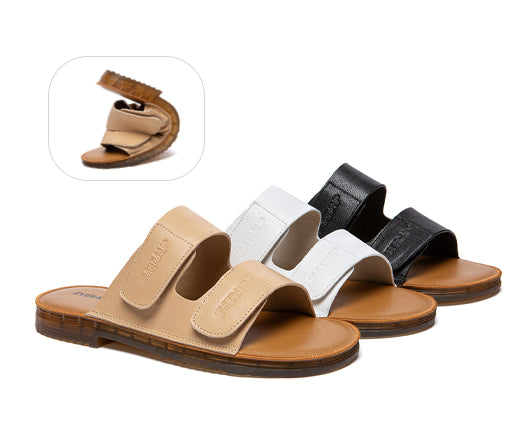 EVERAU® Women Slides Leather Ultra Soft Double Strap Flat Cova EVERAU