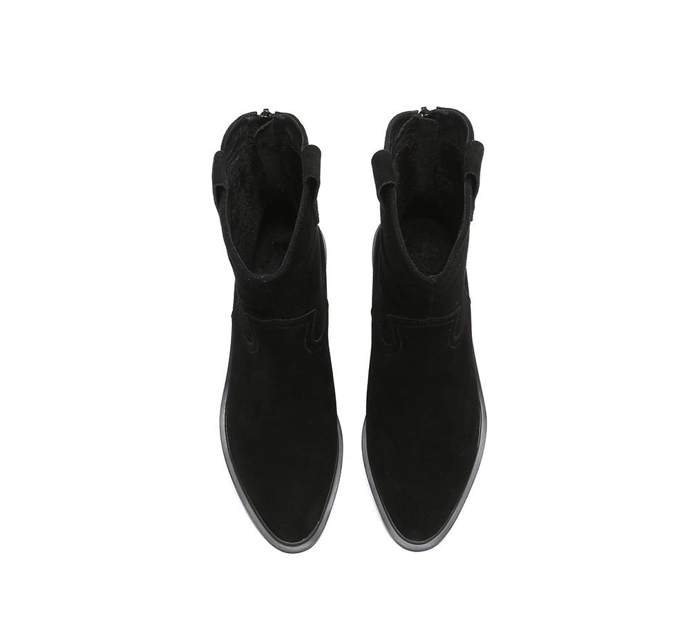 Leather Boots - EVERAU® Women Leather Zipper Pointed Toe Block Heel Boots Lewis