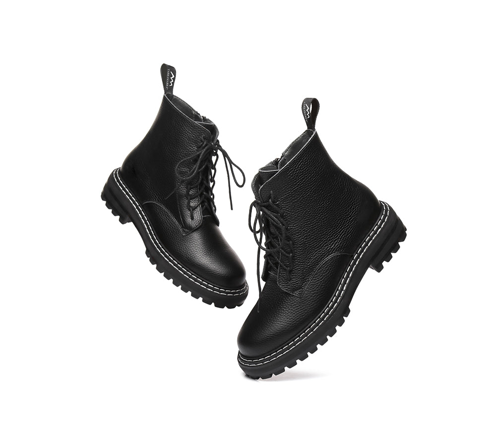 Leather Boots - Zipper Chunky Black Leather Boots Women Leona