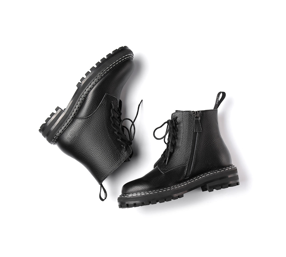 Leather Boots - Zipper Chunky Black Leather Boots Women Leona
