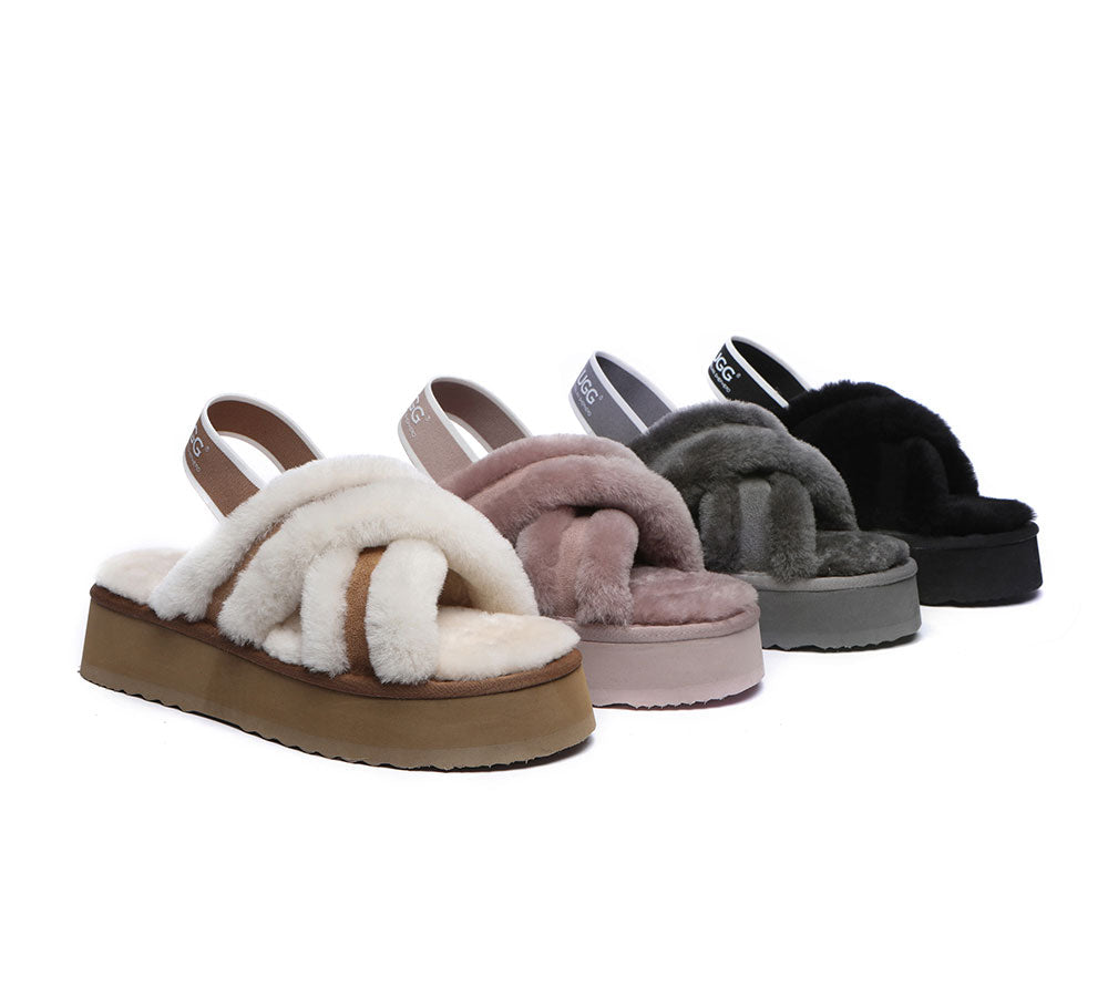 Slides - AS UGG Women High Platform Cross-over Fluffy Slides Aditi