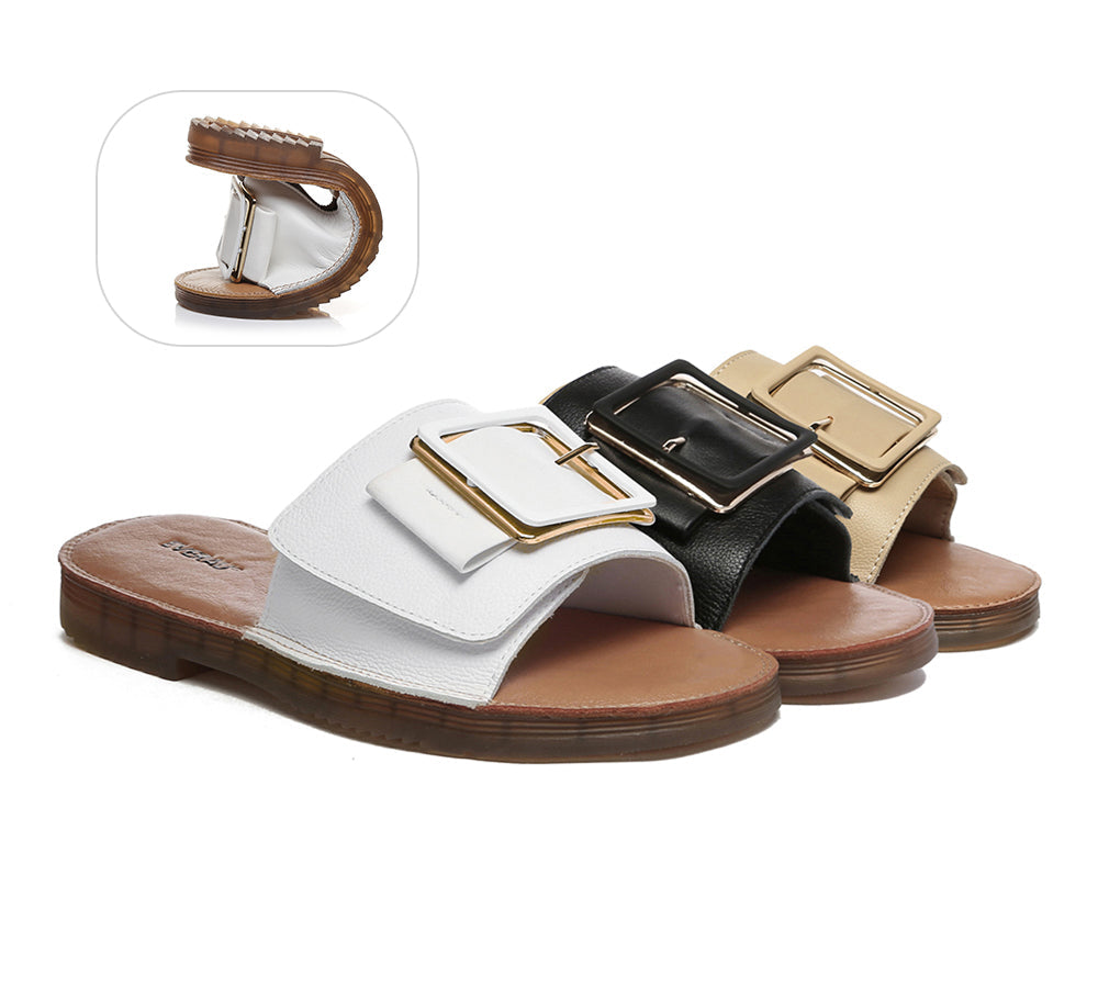 Slides - EVERAUยฎ Women Leather Buckle Adjustable Ultra Soft Flat Slides Bera