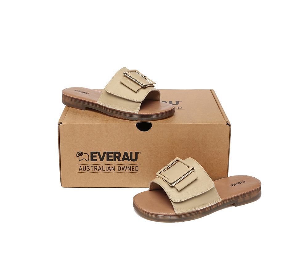 Slides - EVERAU® Women Leather Buckle Adjustable Ultra Soft Flat Slides Bera