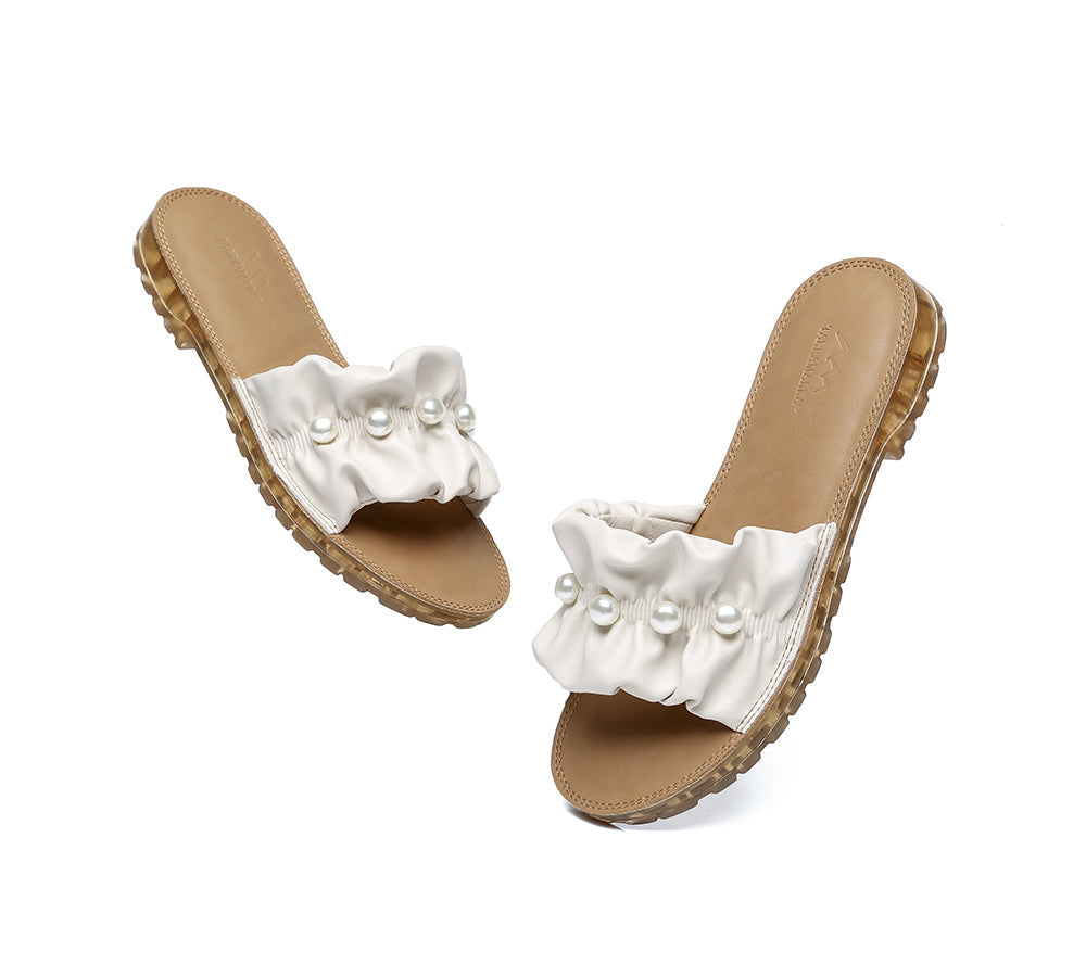 Slides - Leather Flat Slides Ultra Soft With Pearls Women Linita