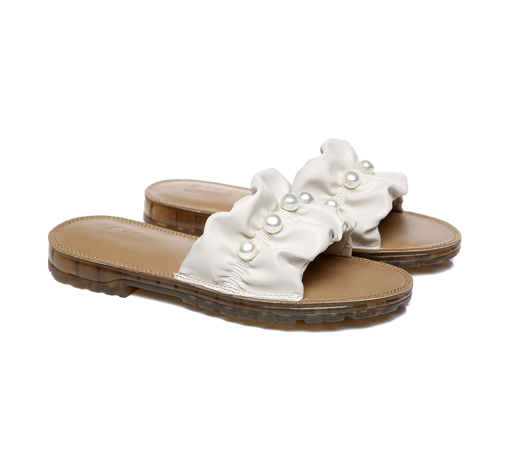 Slides - Leather Flat Slides Ultra Soft With Pearls Women Linita