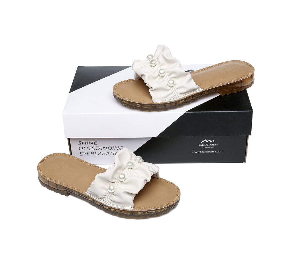 Slides - Leather Flat Slides Ultra Soft With Pearls Women Linita