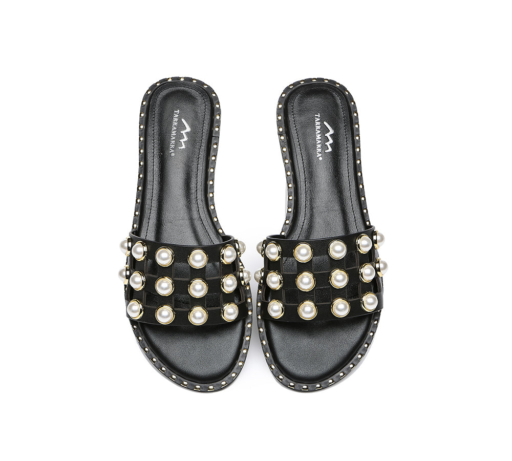 Slides - Leather Flat Slides With Pearls Women Junia