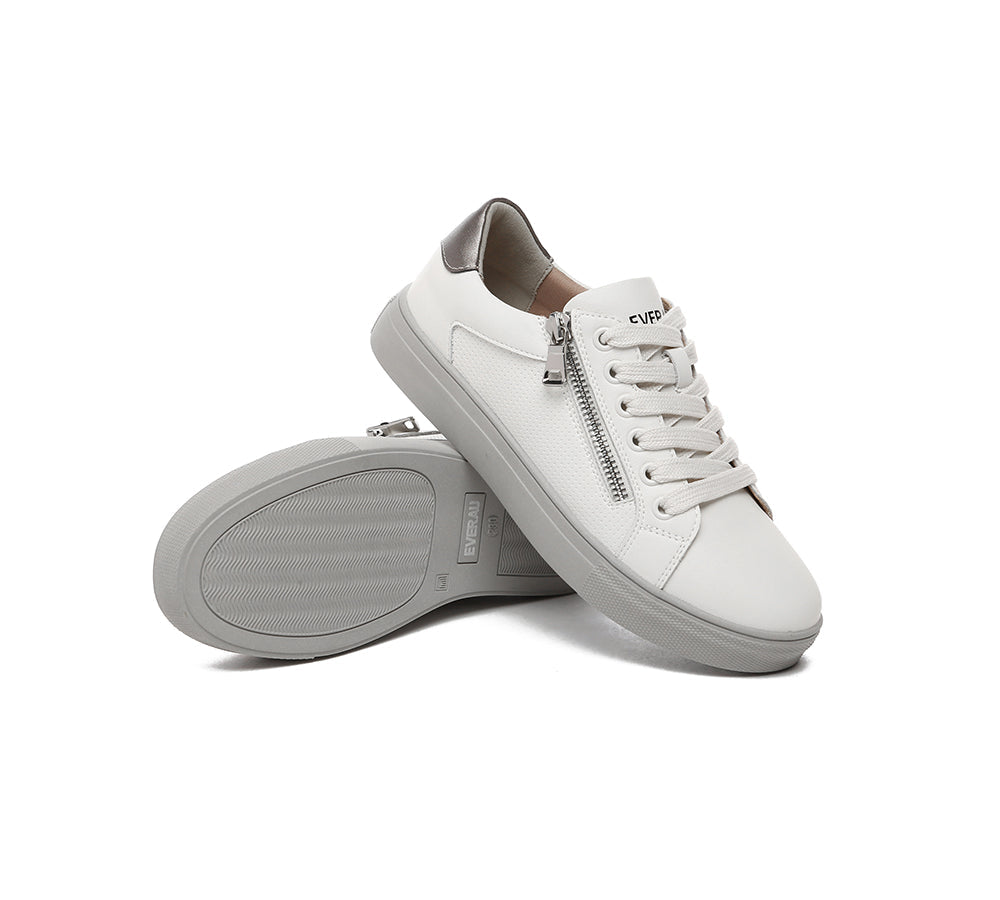 Sneakers - EVERAU® Women Leather Zip Decor Low-top White Sneakers Chloe
