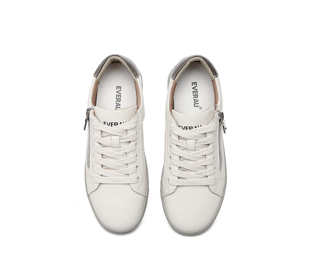 Sneakers - EVERAU® Women Leather Zip Decor Low-top White Sneakers Chloe