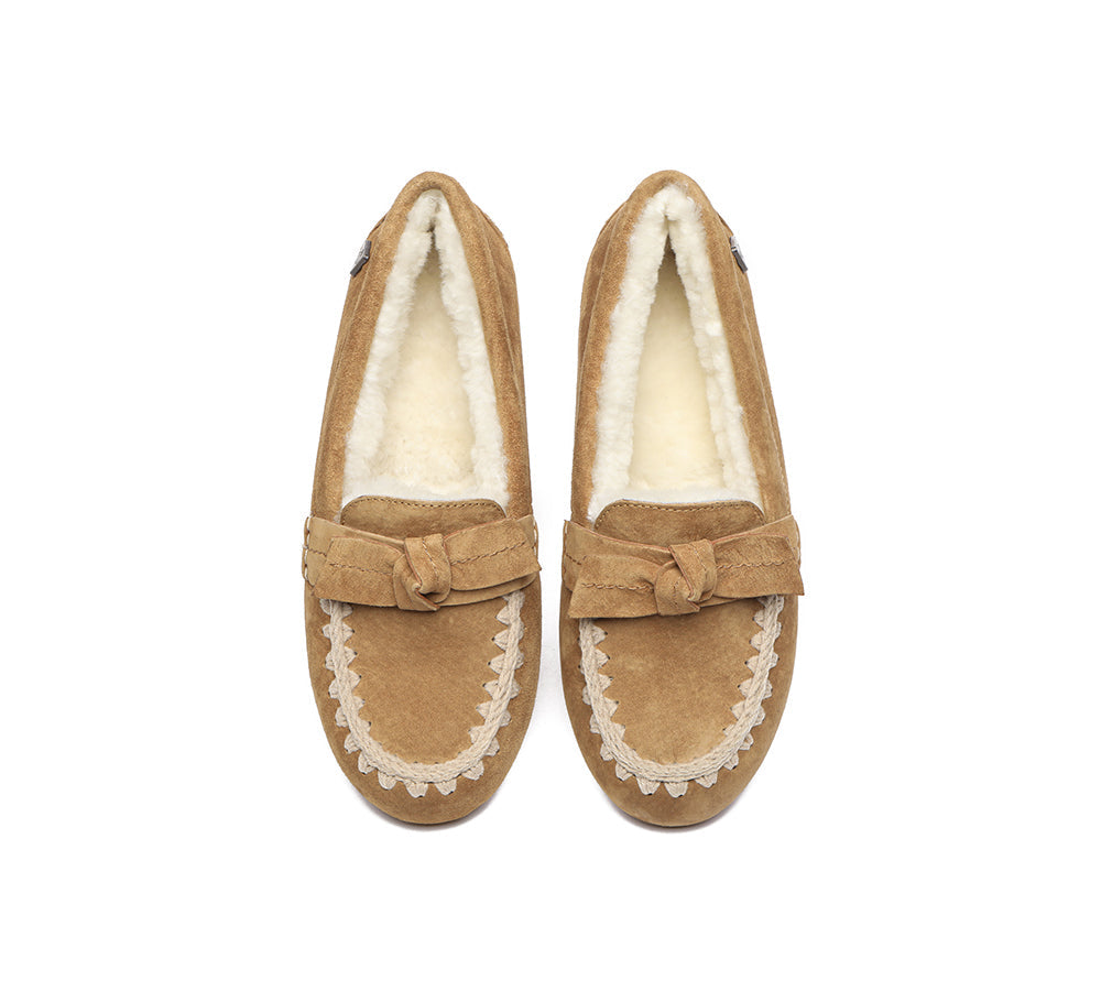 UGG Moccasins - EVERAU® UGG Women Sheepskin Wool Bow Ankle Slippers Woven Moccasins