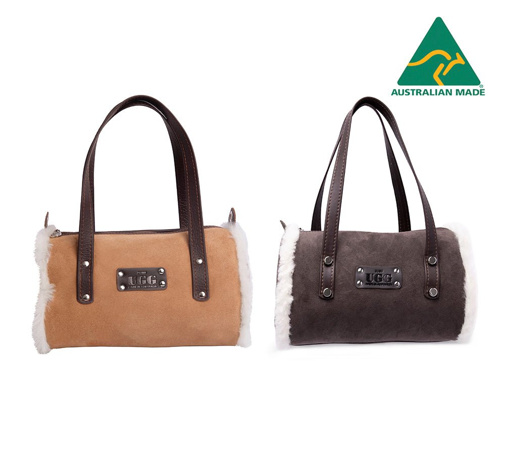 Women Sheepskin Wool Medium Hand Carry Zip Barrel Bag - Bags - Chestnut - One Size - Uggoutlet