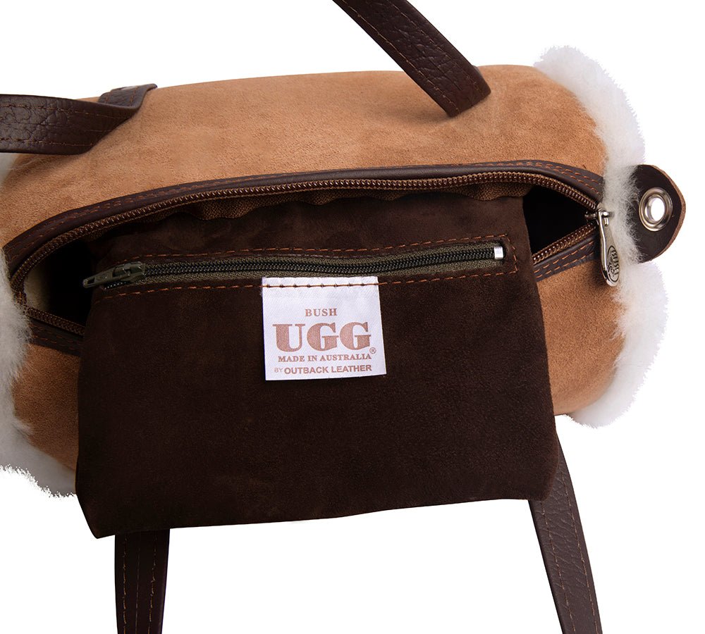 Women Sheepskin Wool Medium Hand Carry Zip Barrel Bag - Bags - Chestnut - One Size - Uggoutlet