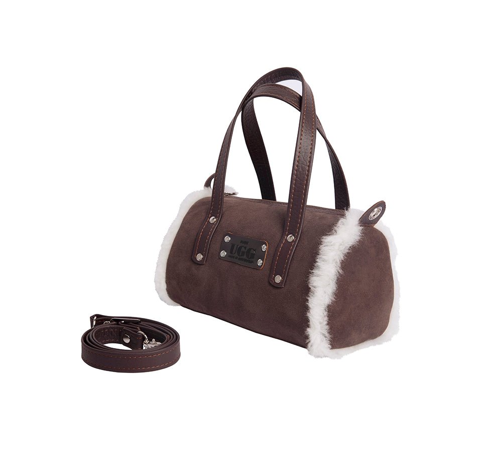 Women Sheepskin Wool Medium Hand Carry Zip Barrel Bag - Bags - Chocolate - One Size - Uggoutlet