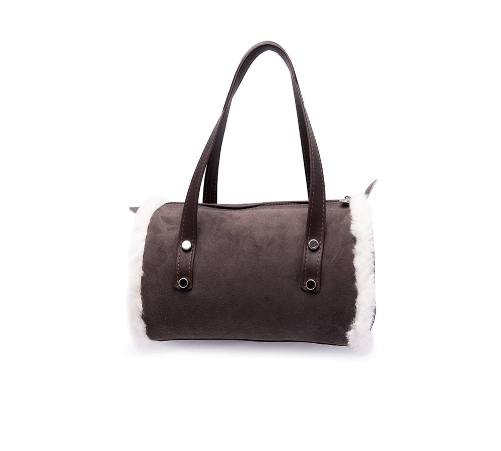 Women Sheepskin Wool Medium Hand Carry Zip Barrel Bag - Bags - Chocolate - One Size - Uggoutlet