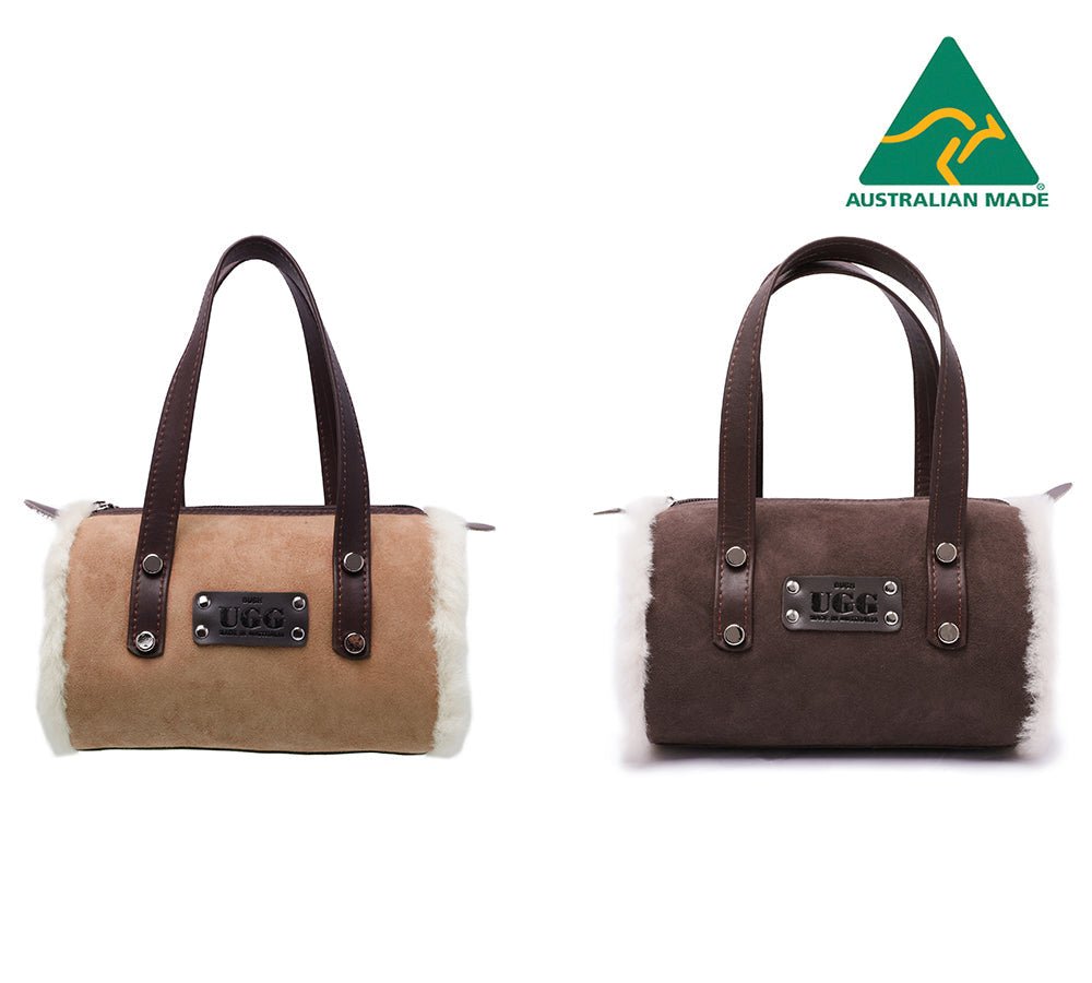 Women Sheepskin Wool Small Hand Carry Zip Barrell Bag - Bags - Chestnut - One Size - Uggoutlet