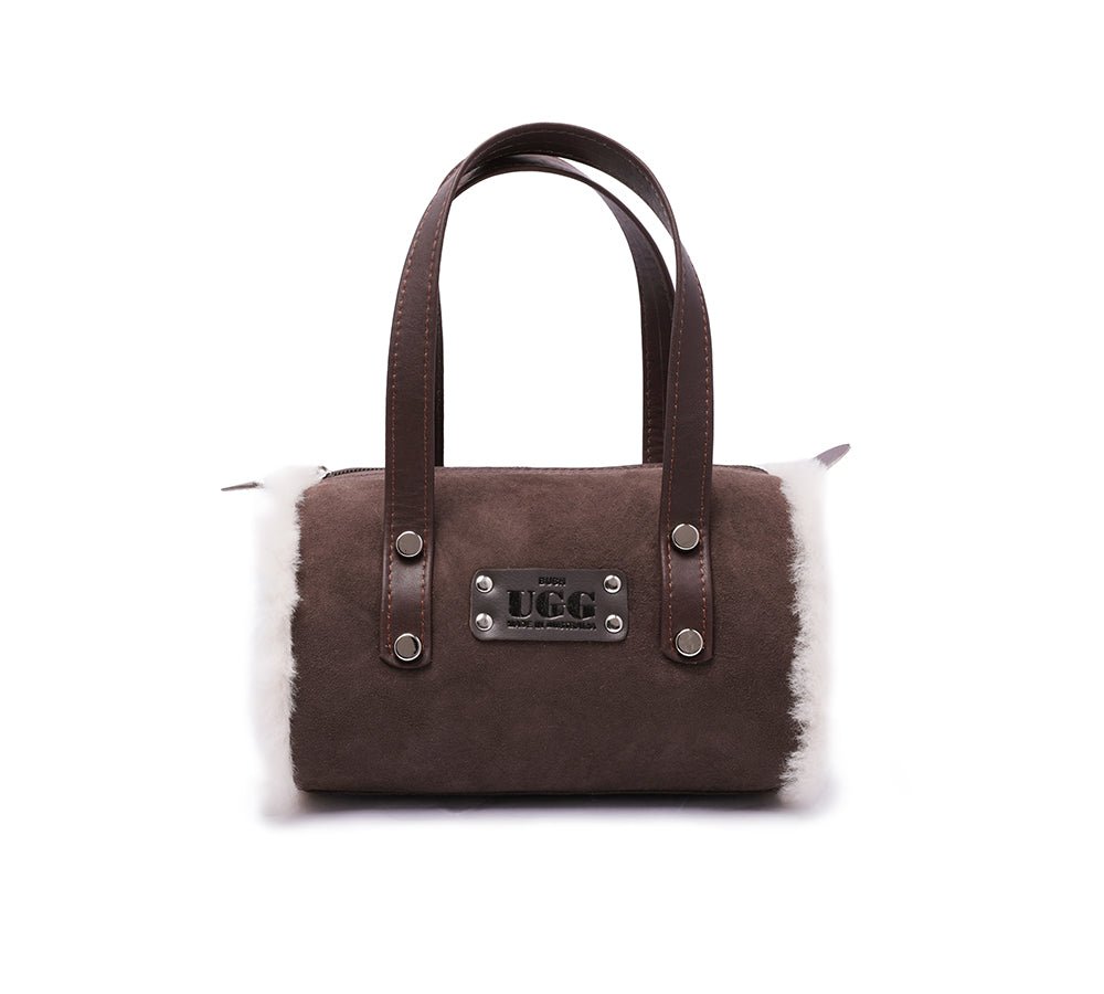 Women Sheepskin Wool Small Hand Carry Zip Barrell Bag - Bags - Chocolate - One Size - Uggoutlet