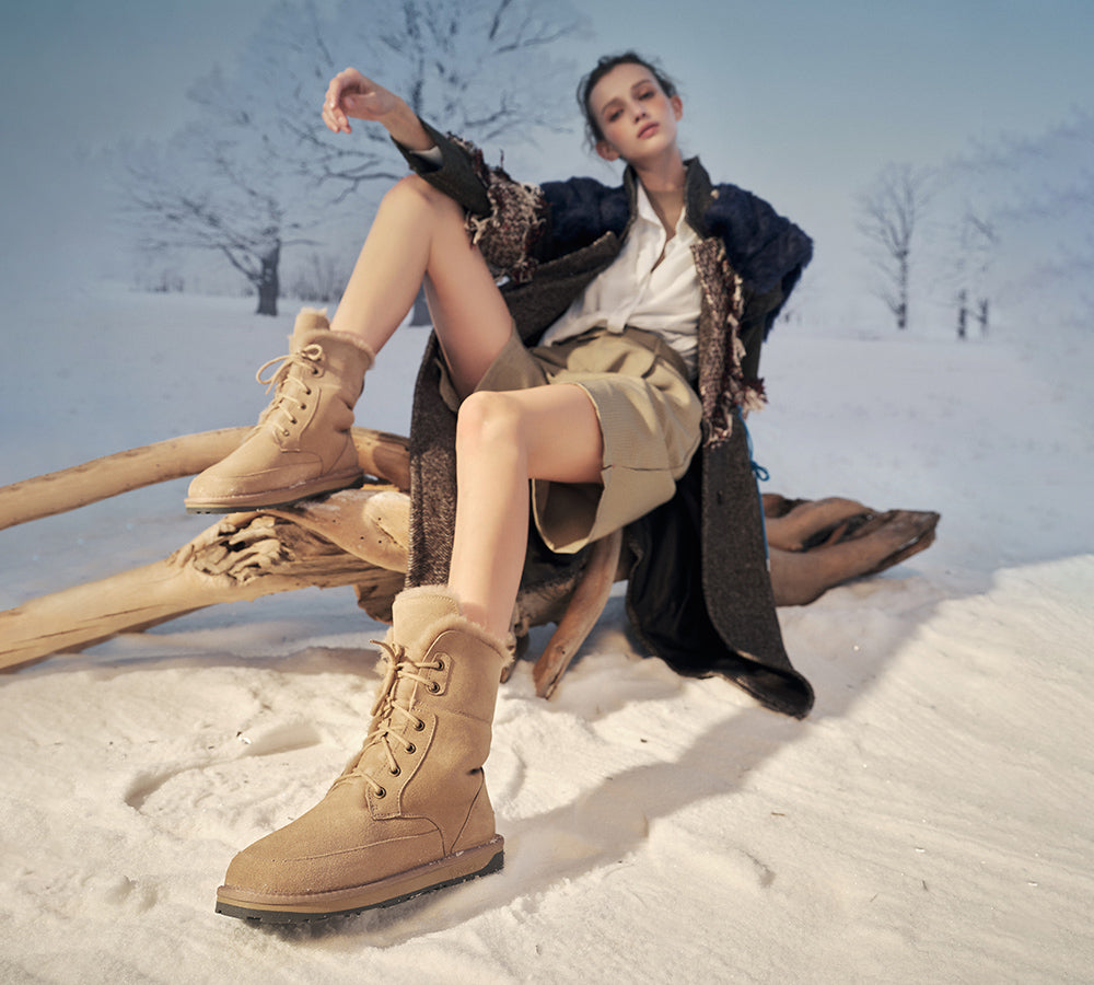 EVERAU® UGG Boots Women Sheepskin Wool Lace Up Ankle Pathfinder EVERAU