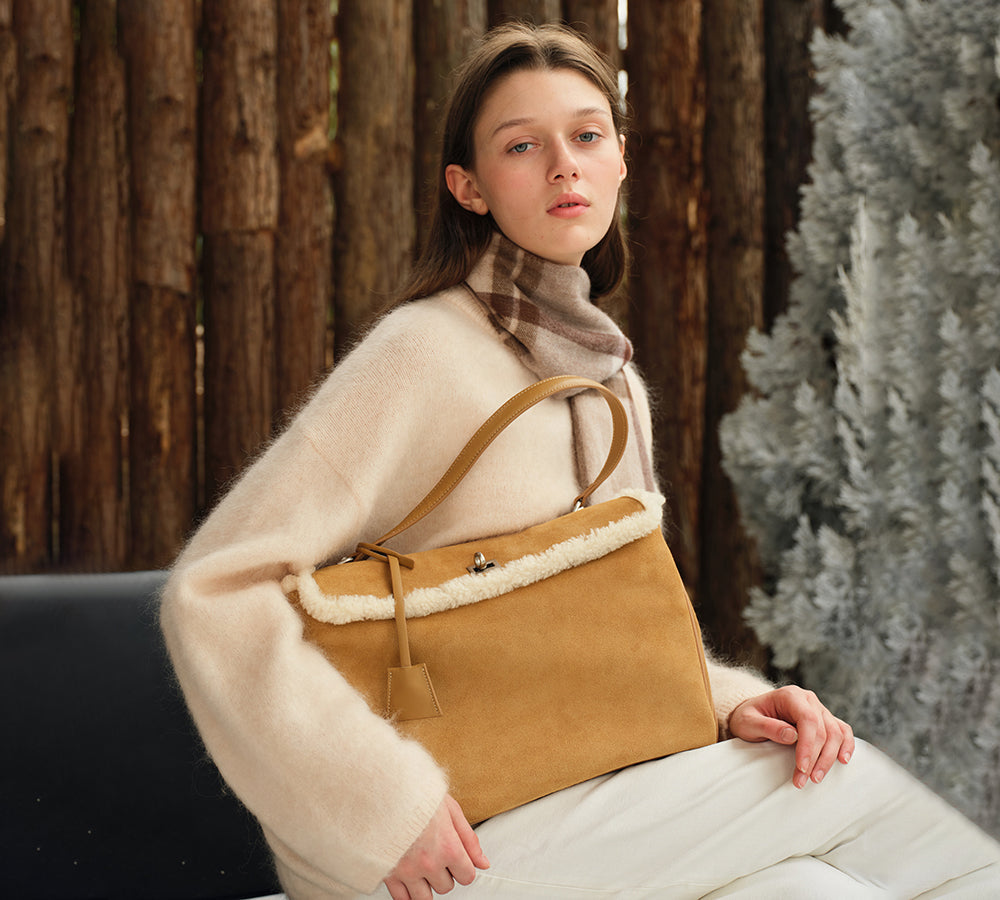 AUSTRALIAN SHEPHERD® Women Fluffy Wool Adjustable Strap Over Shoulder Tote Bag Duwel UGG AUSTRALIAN SHEPHERD