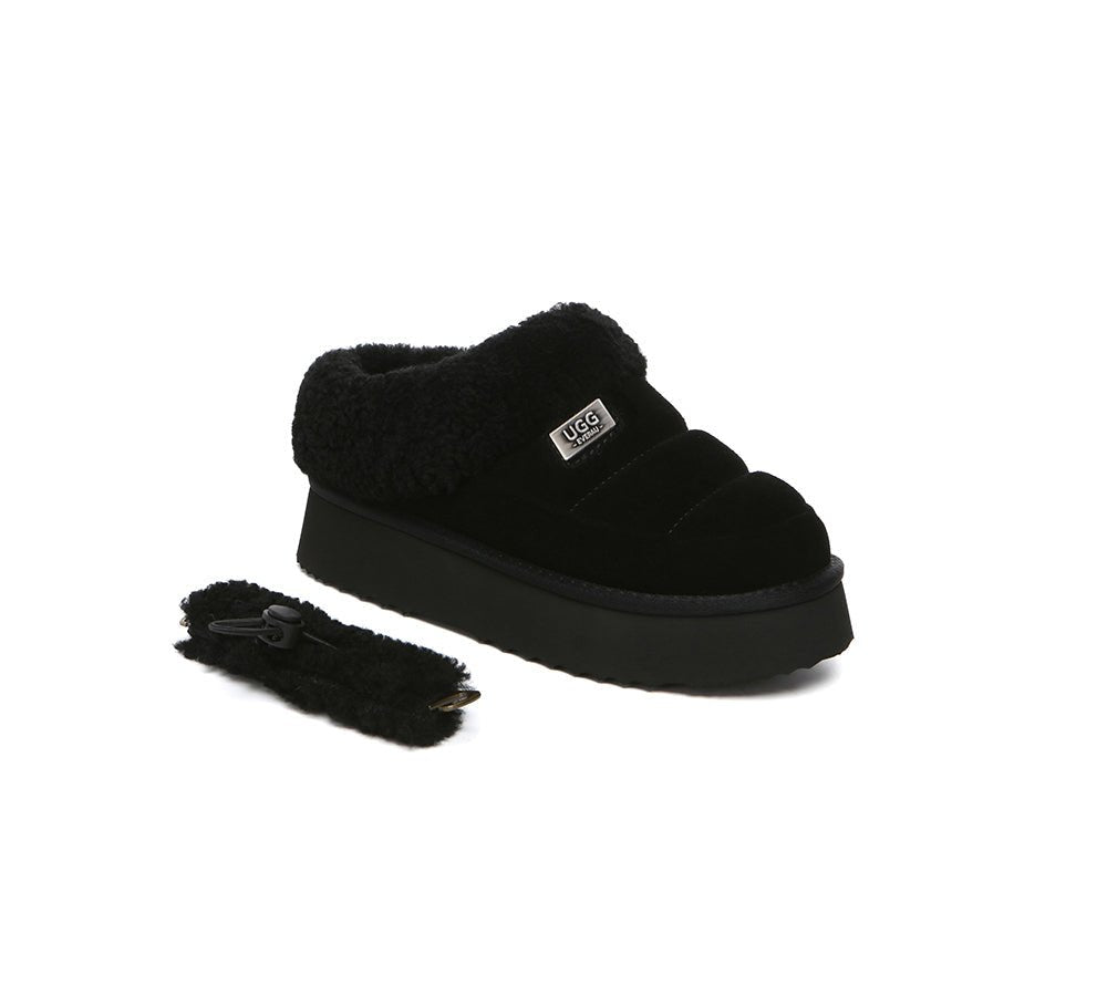 2 - Way Style UGG Slippers Women Removable Wool Strap Drawstring Slingback Platform Paige - UGG Slippers - Black - AU Ladies 4 / AU Men 2 / EU 35 - Uggoutlet