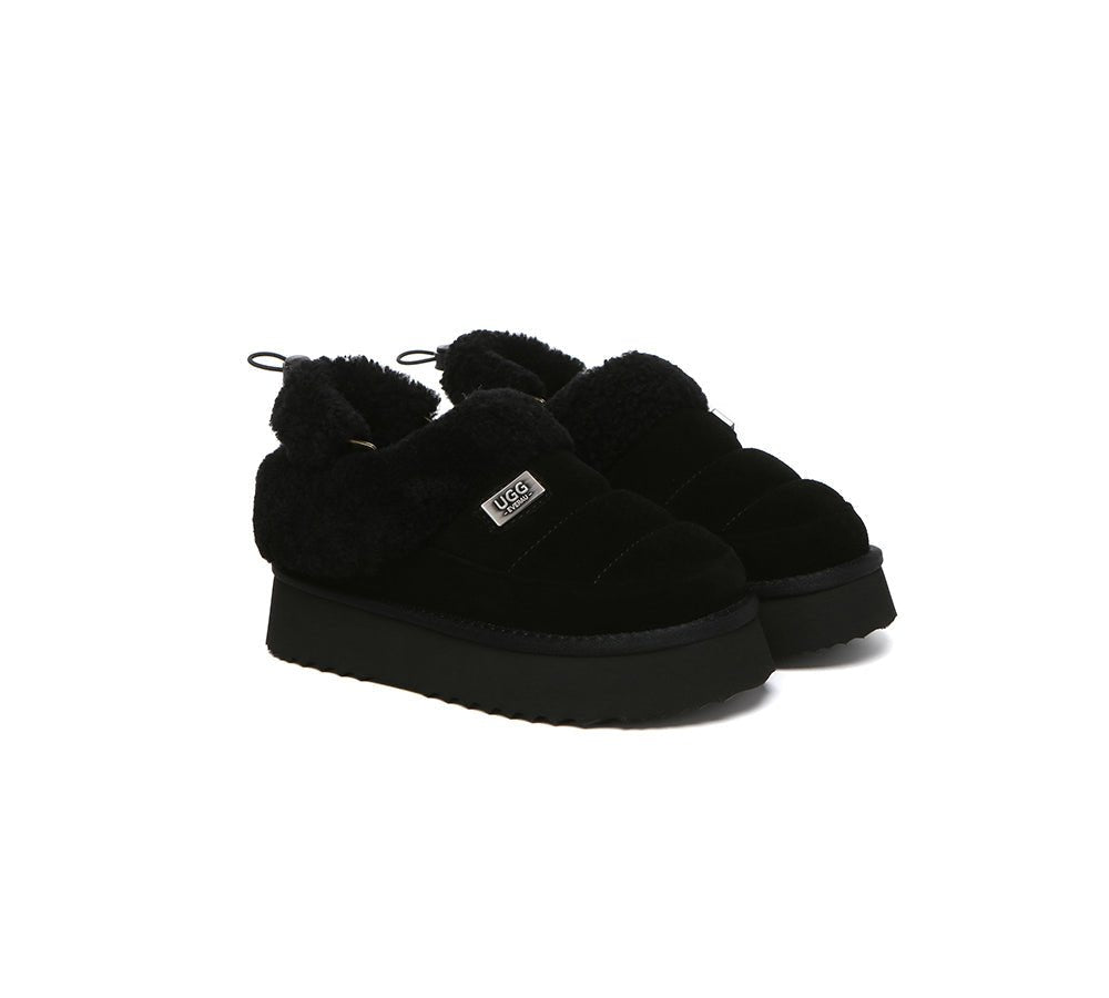 2 - Way Style UGG Slippers Women Removable Wool Strap Drawstring Slingback Platform Paige - UGG Slippers - Black - AU Ladies 4 / AU Men 2 / EU 35 - Uggoutlet
