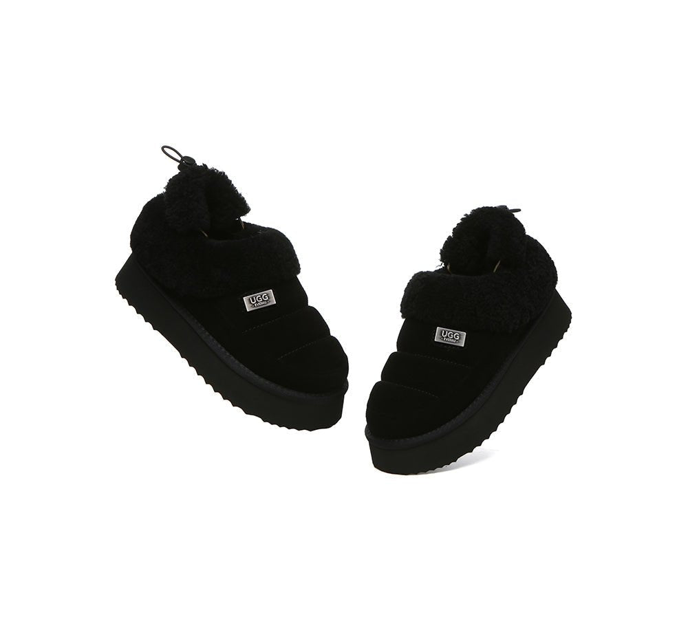2 - Way Style UGG Slippers Women Removable Wool Strap Drawstring Slingback Platform Paige - UGG Slippers - Black - AU Ladies 4 / AU Men 2 / EU 35 - Uggoutlet