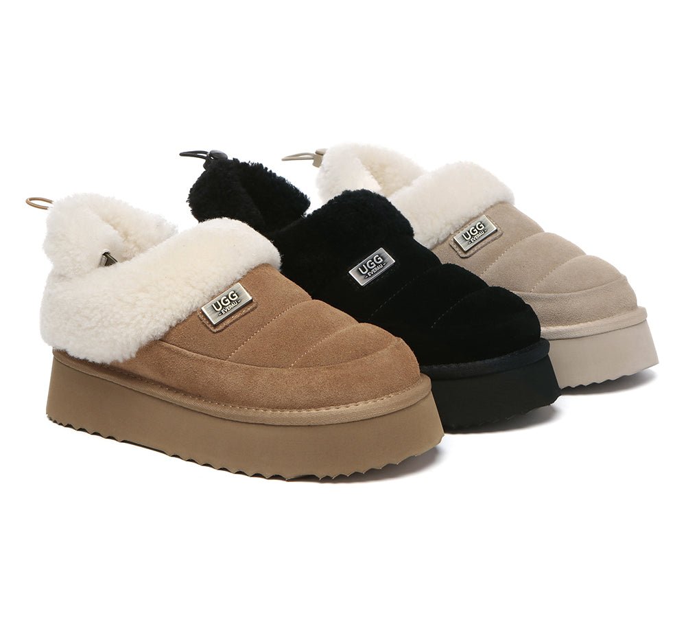 2 - Way Style UGG Slippers Women Removable Wool Strap Drawstring Slingback Platform Paige - UGG Slippers - Chestnut - AU Ladies 4 / AU Men 2 / EU 35 - Uggoutlet