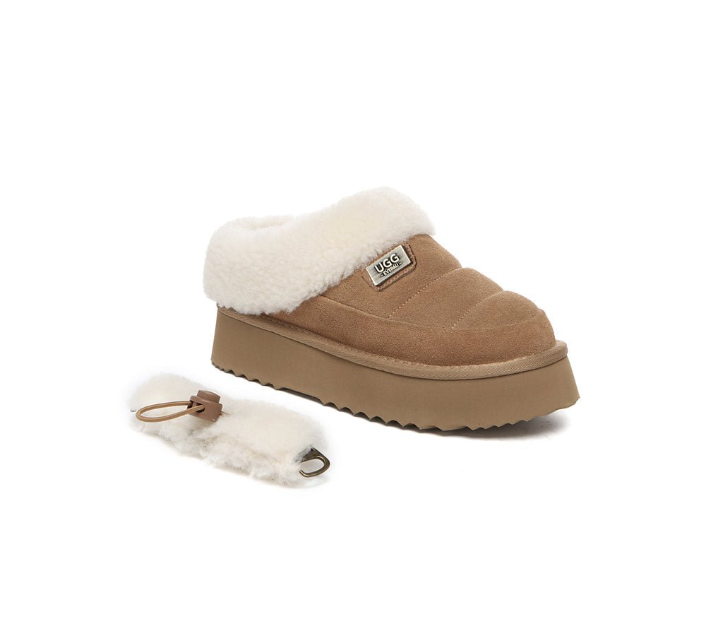 2 - Way Style UGG Slippers Women Removable Wool Strap Drawstring Slingback Platform Paige - UGG Slippers - Chestnut - AU Ladies 4 / AU Men 2 / EU 35 - Uggoutlet