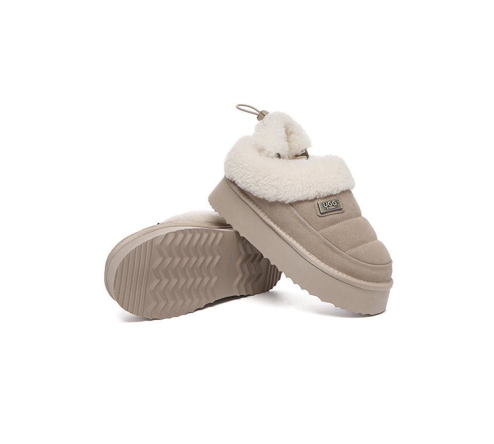 2 - Way Style UGG Slippers Women Removable Wool Strap Drawstring Slingback Platform Paige - UGG Slippers - Sand - AU Ladies 4 / AU Men 2 / EU 35 - Uggoutlet