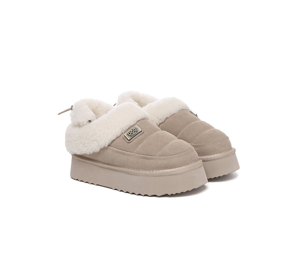 2 - Way Style UGG Slippers Women Removable Wool Strap Drawstring Slingback Platform Paige - UGG Slippers - Sand - AU Ladies 4 / AU Men 2 / EU 35 - Uggoutlet