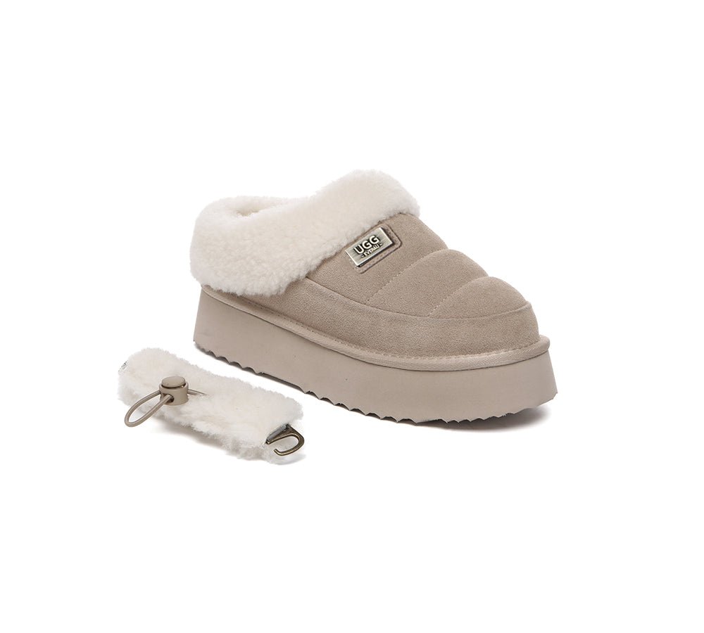 2 - Way Style UGG Slippers Women Removable Wool Strap Drawstring Slingback Platform Paige - UGG Slippers - Sand - AU Ladies 4 / AU Men 2 / EU 35 - Uggoutlet
