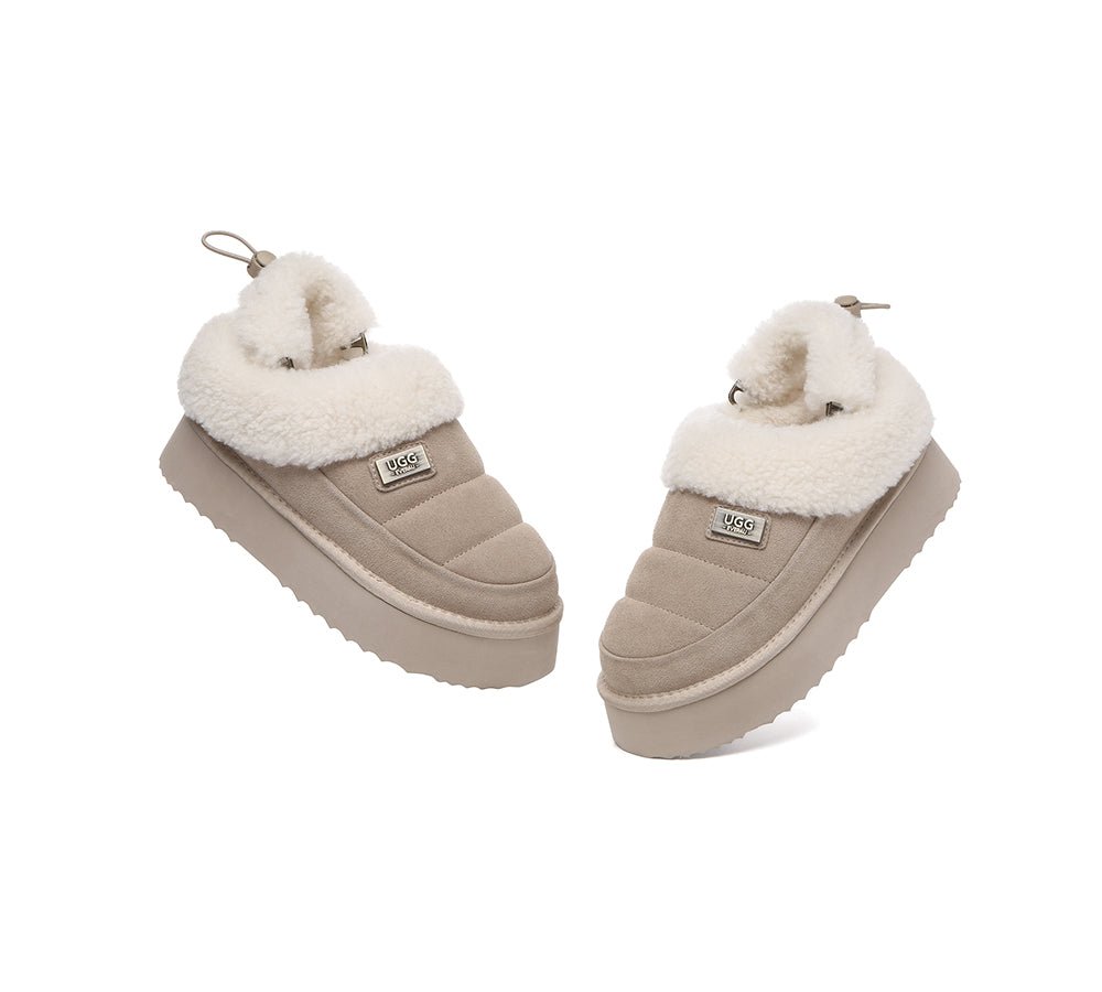 2 - Way Style UGG Slippers Women Removable Wool Strap Drawstring Slingback Platform Paige - UGG Slippers - Sand - AU Ladies 4 / AU Men 2 / EU 35 - Uggoutlet