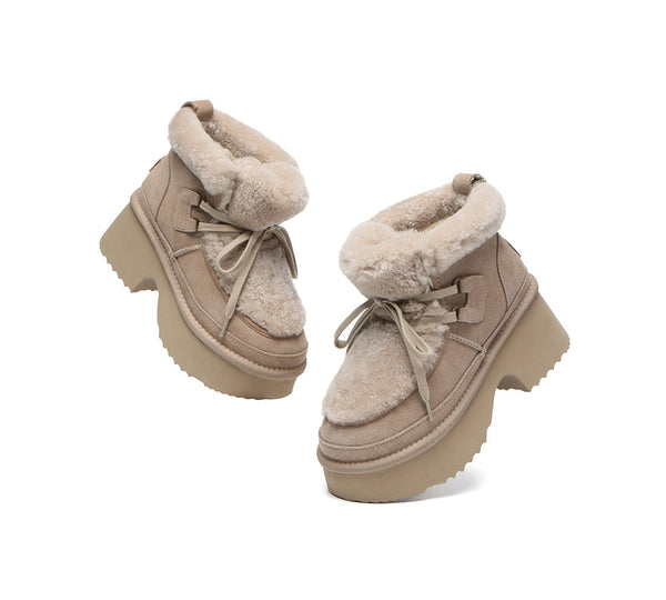 UGG Boots Women Sheepskin Wool Lace Up Chunky Platform Bumpy