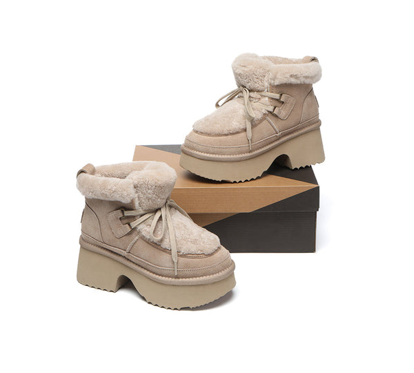 UGG Boots Women Sheepskin Wool Lace Up Chunky Platform Bumpy