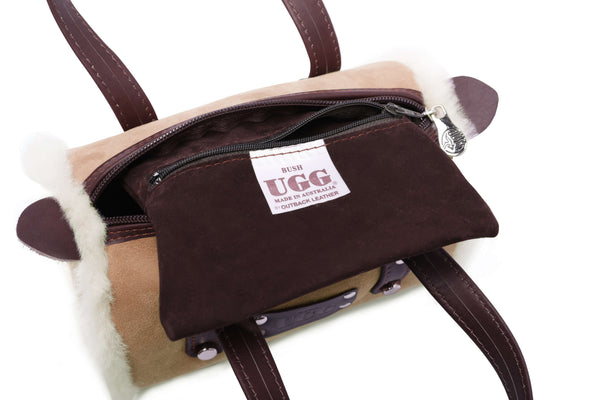 Women Sheepskin Wool Small Hand Carry Zip Barrell Bag